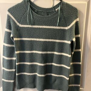 Pink Rose Striped Sweater - Teal and White